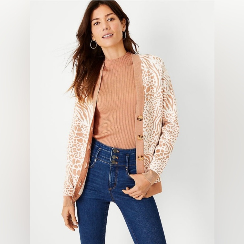 Ann Taylor Animal Print Cardigan, Lt Terracotta/White, Sz. SP